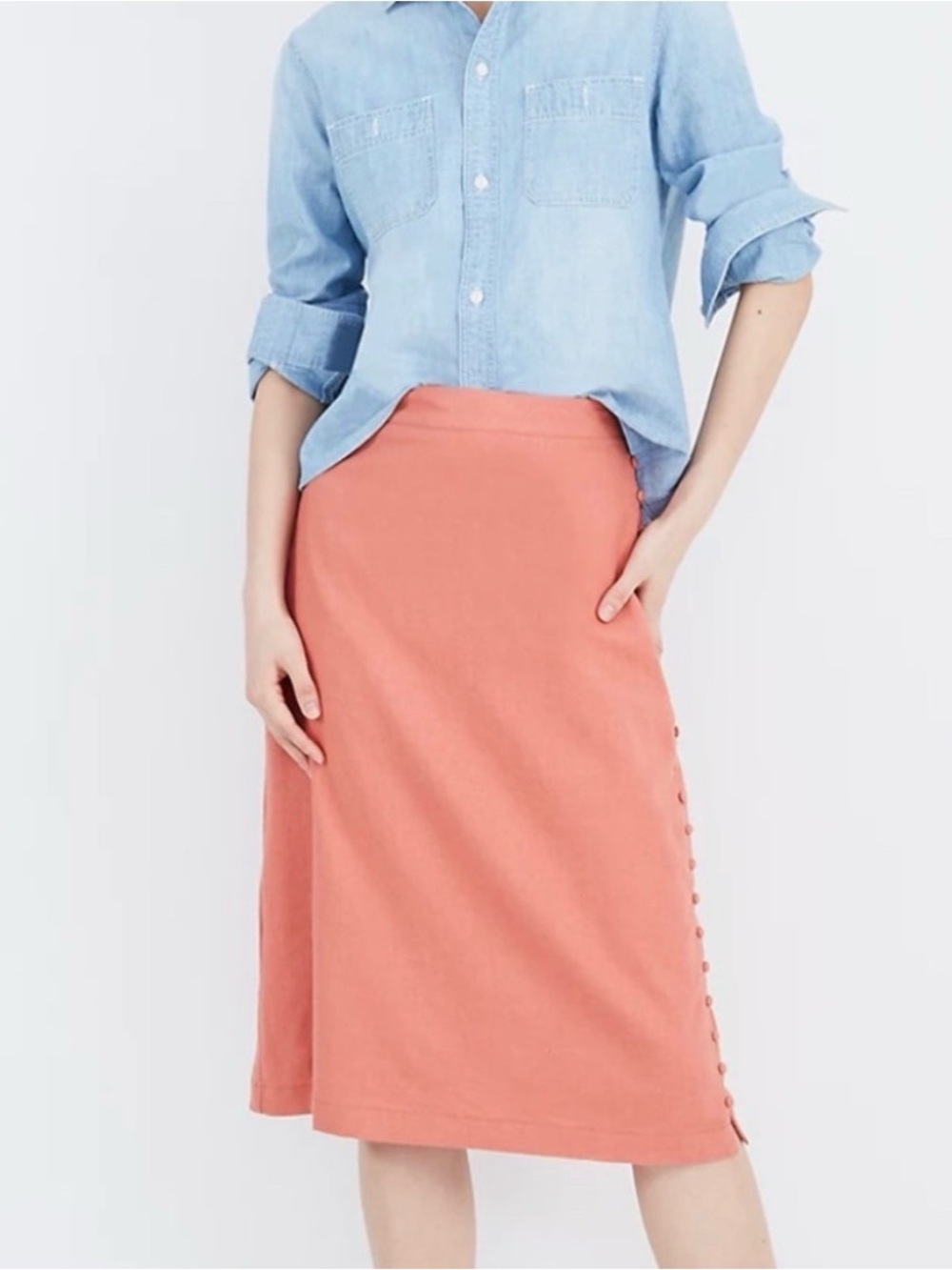 NWT Madewell Button-Side Linen-Blend Midi Skirt – Peach / Terracotta – Size 8